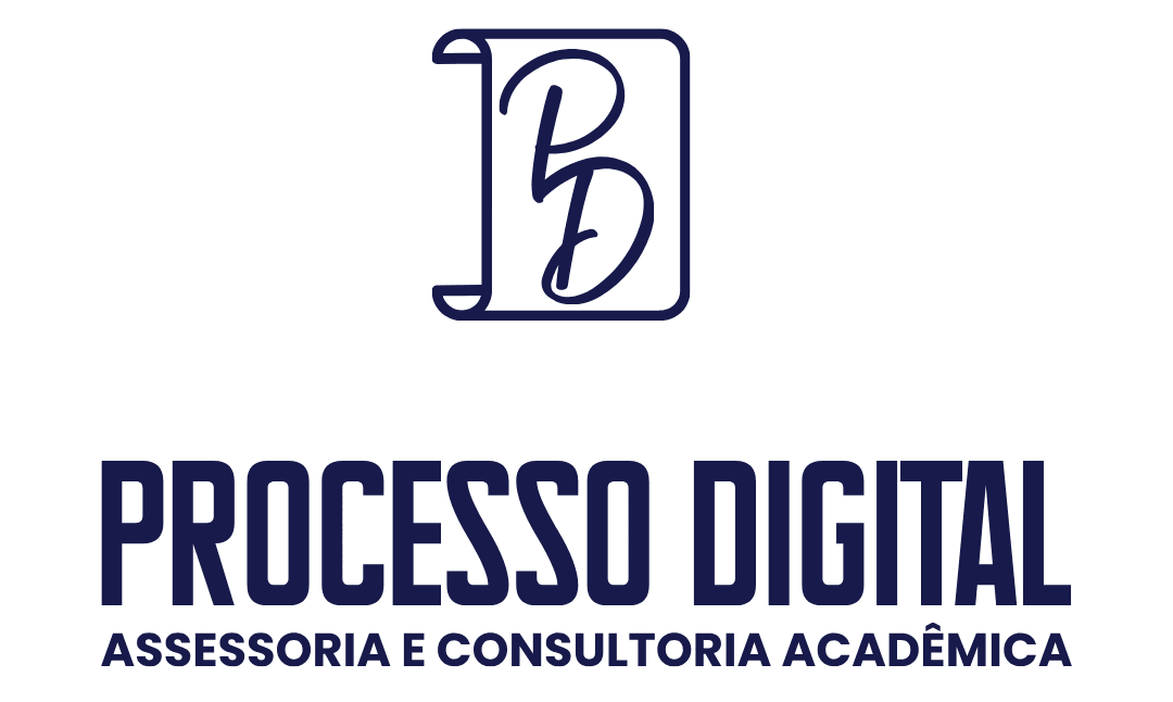 Logotipo oficial em azul marinho da Processo Digital com o emblema de um pergaminho e tipografia moderna e profissional.